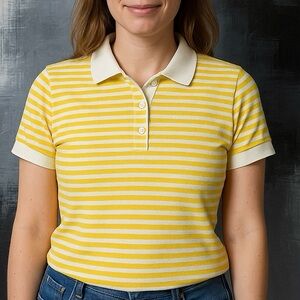 Vintage Variety Yellow White Stripe Polo Shirt Size 42 Retro Preppy Top
